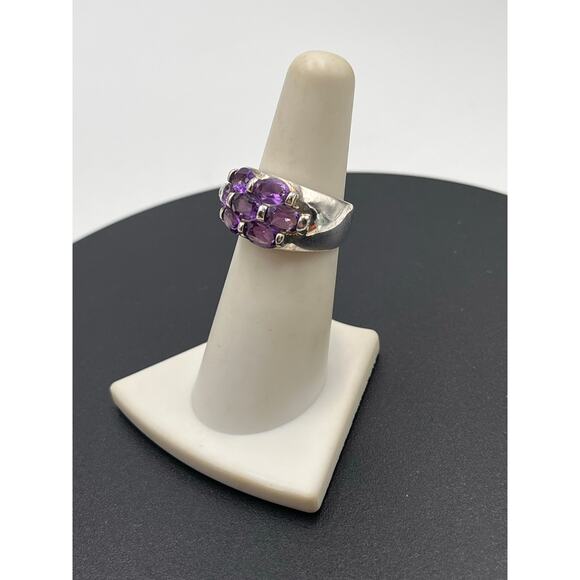 Signed Sterling Silver 925 Purple Amethyst Cluster Brick Step Ring Size 6 3/4 - Picture 2 of 8